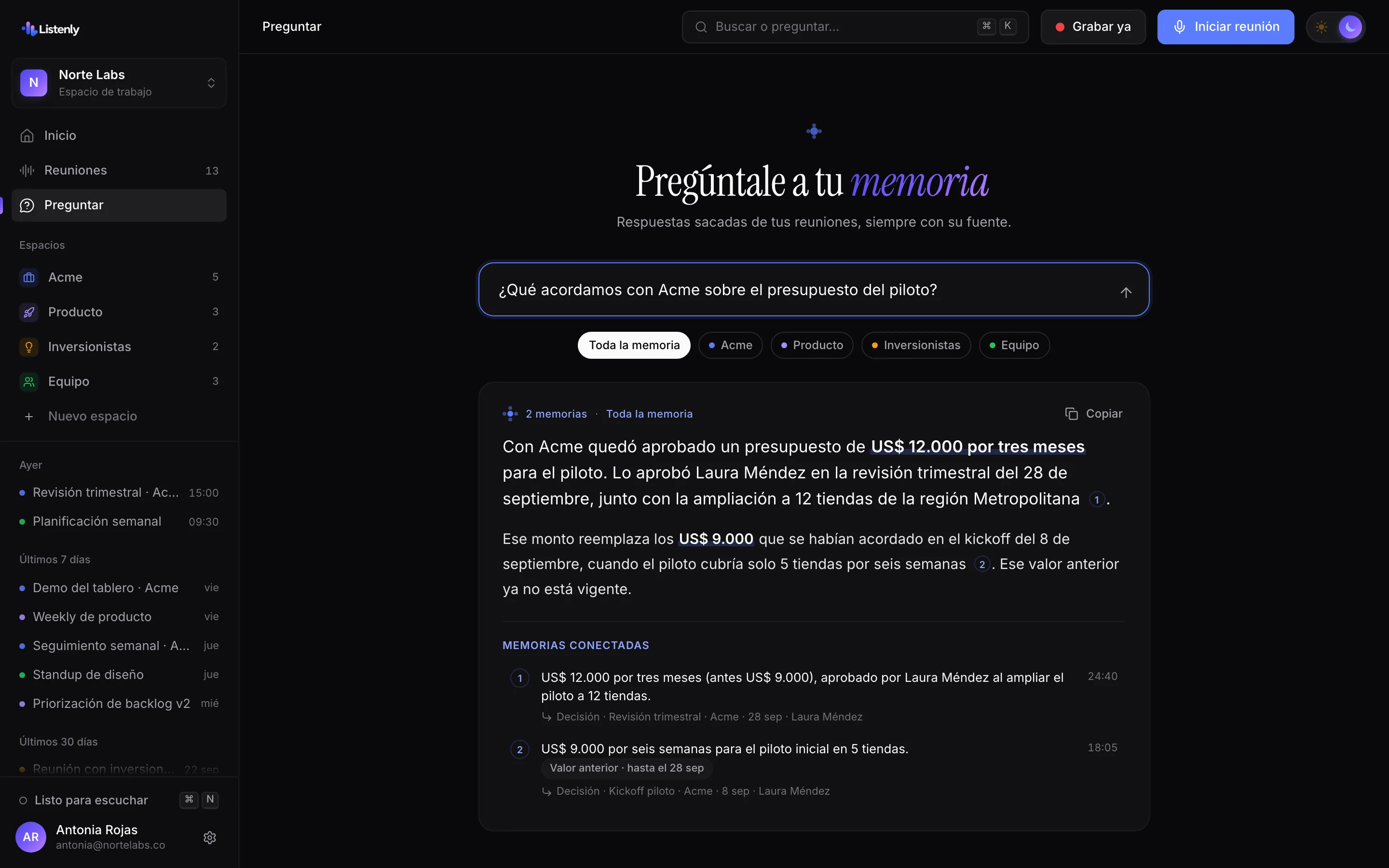 Preguntar: respuesta sobre el presupuesto del piloto con fuentes numeradas