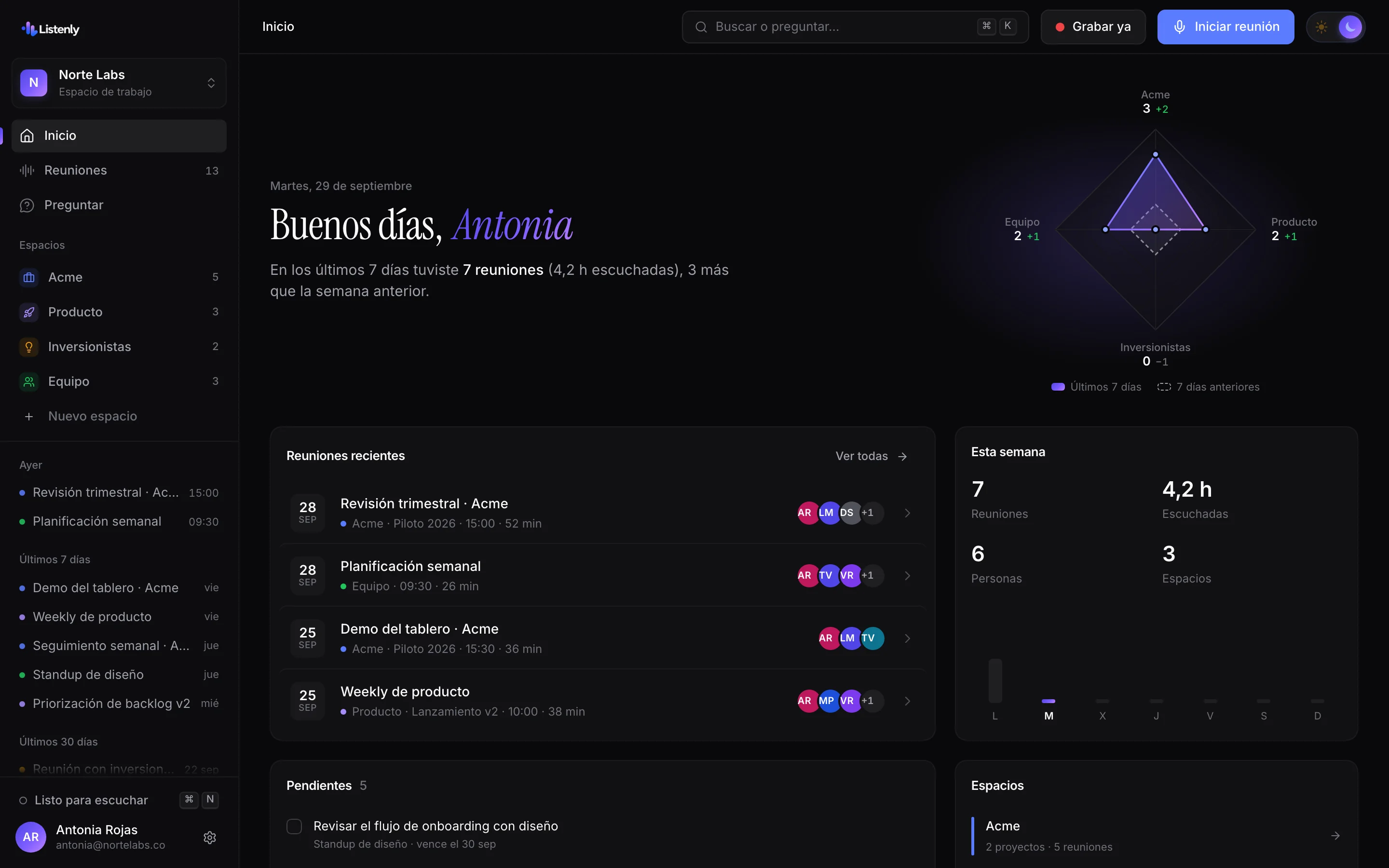 Inicio de Listenly: reuniones recientes, tareas abiertas y memoria