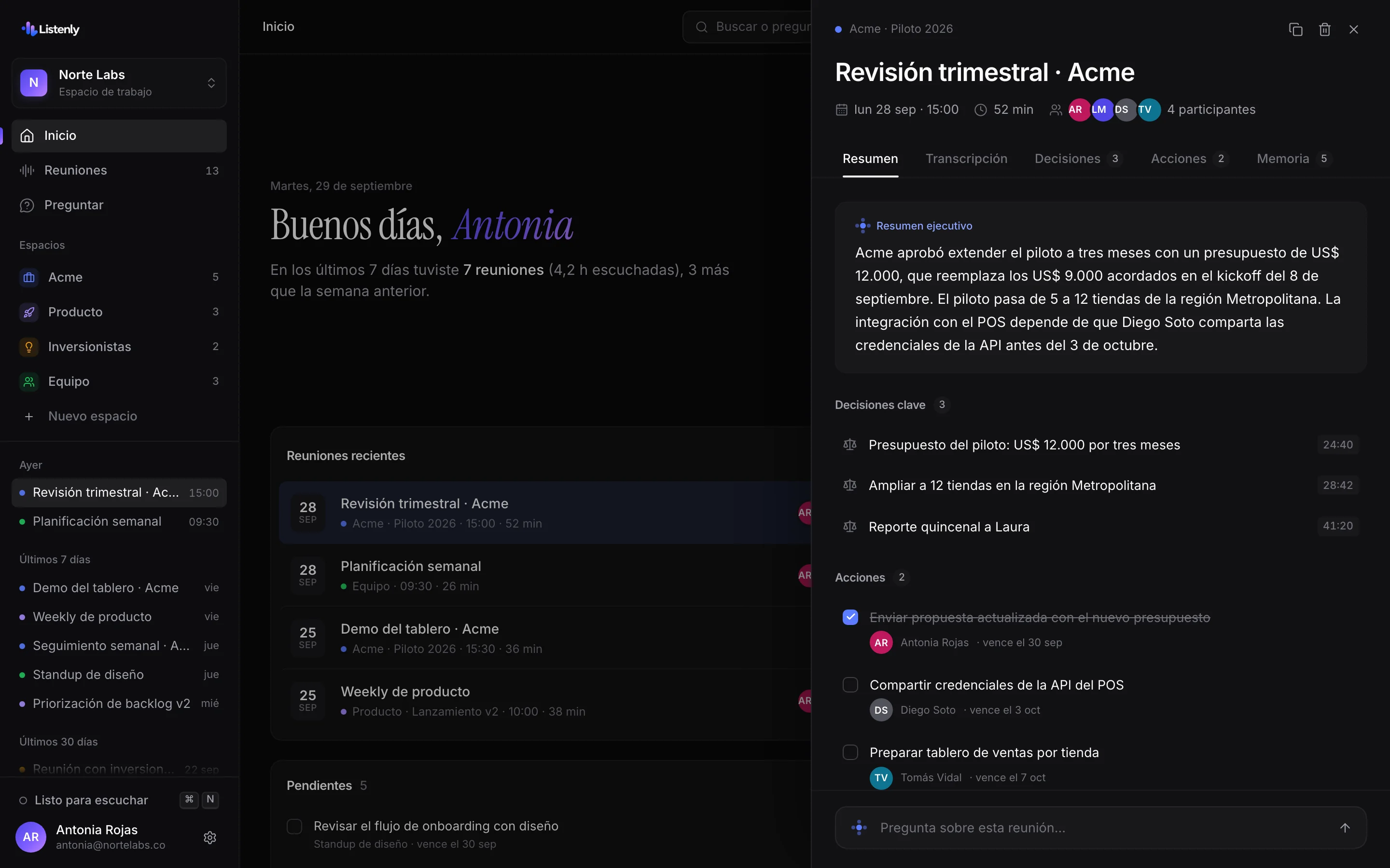 Resumen de la reunión con decisiones y tareas con responsable
